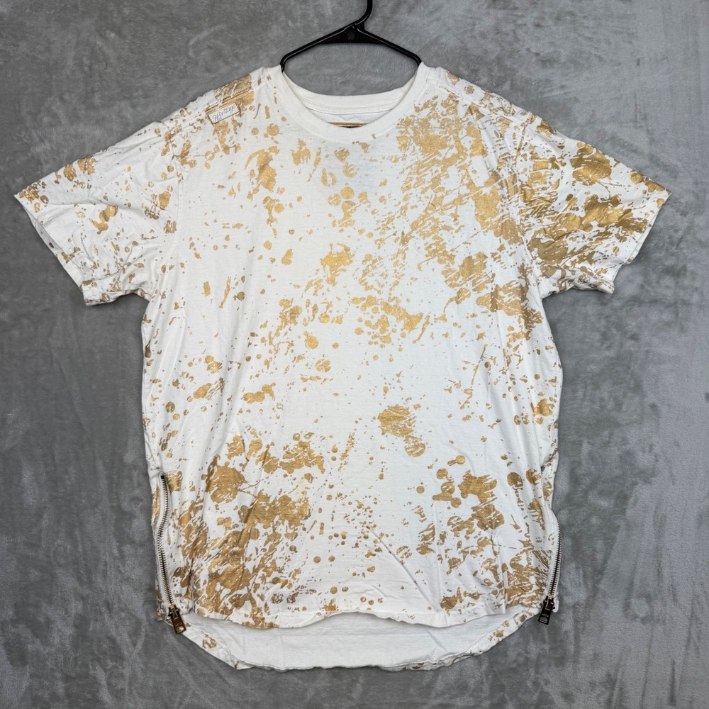Heritage by America Mens XL White Gold Paint Splatter Side Zip T-Shirt XL